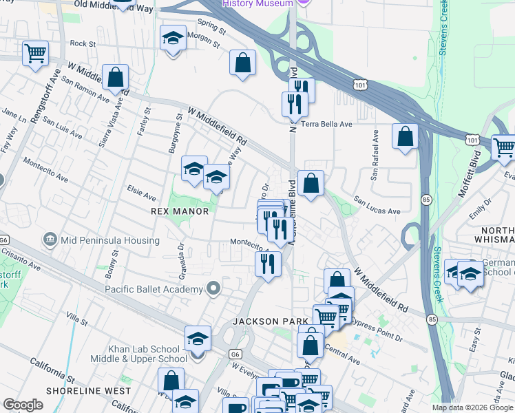 map of restaurants, bars, coffee shops, grocery stores, and more near 726 Vaquero Drive in Mountain View