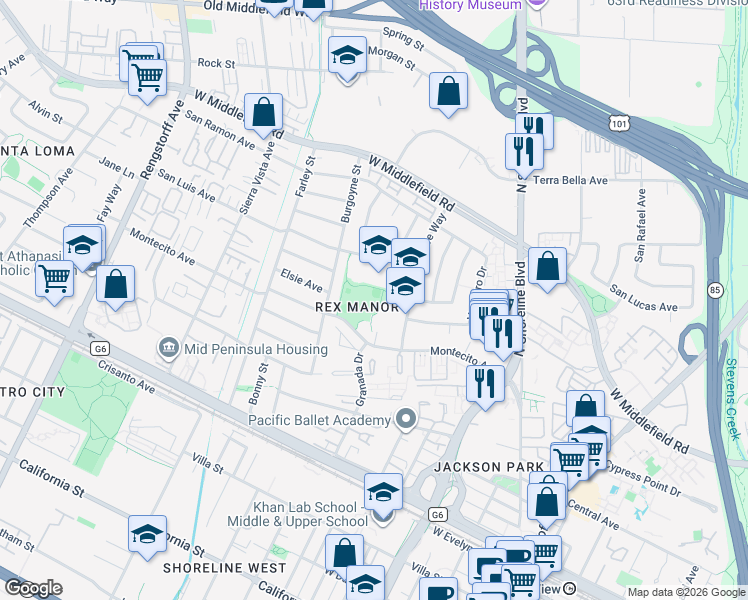 map of restaurants, bars, coffee shops, grocery stores, and more near in Mountain View