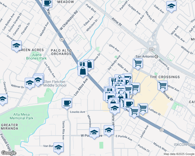 map of restaurants, bars, coffee shops, grocery stores, and more near 2690 California 82 in Mountain View