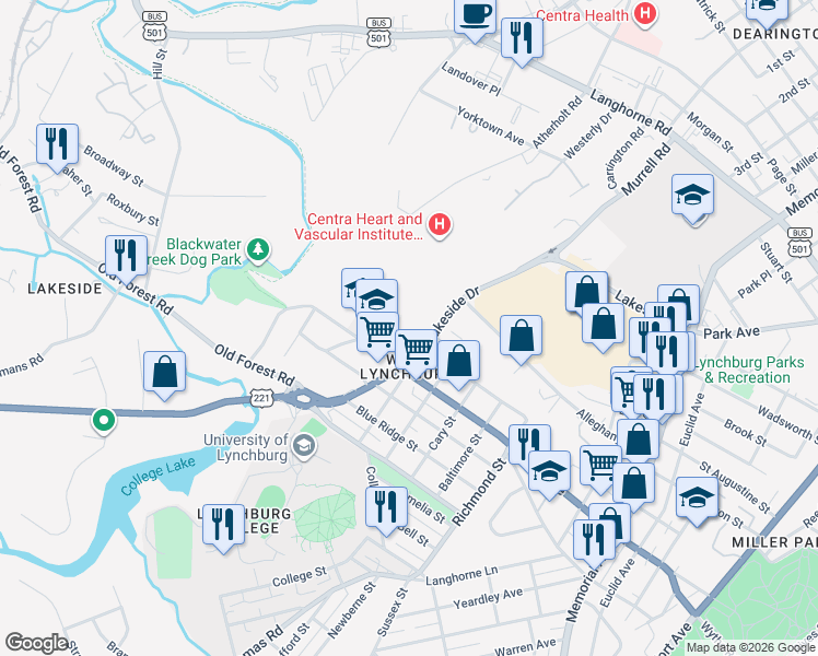 map of restaurants, bars, coffee shops, grocery stores, and more near 1100 Rockbridge Avenue in Lynchburg