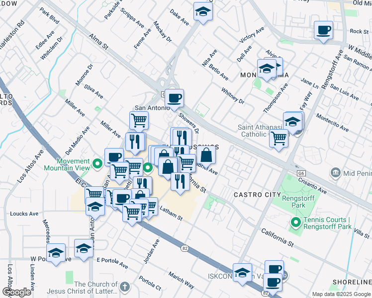 map of restaurants, bars, coffee shops, grocery stores, and more near 112 Concord Circle in Mountain View