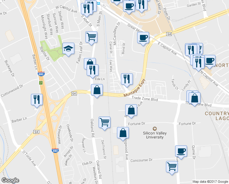 map of restaurants, bars, coffee shops, grocery stores, and more near 160 Currlin Circle in Milpitas