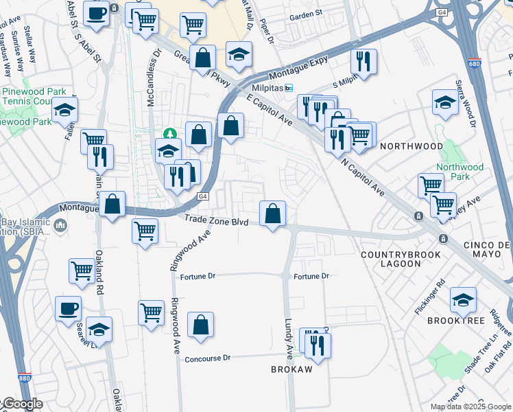 map of restaurants, bars, coffee shops, grocery stores, and more near 2023 Trento Loop in Milpitas