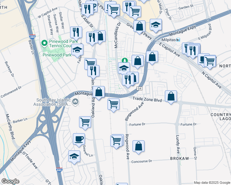 map of restaurants, bars, coffee shops, grocery stores, and more near 160 Currlin Circle in Milpitas