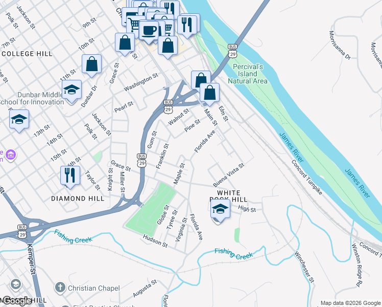 map of restaurants, bars, coffee shops, grocery stores, and more near 1922-1998 Union Street in Lynchburg