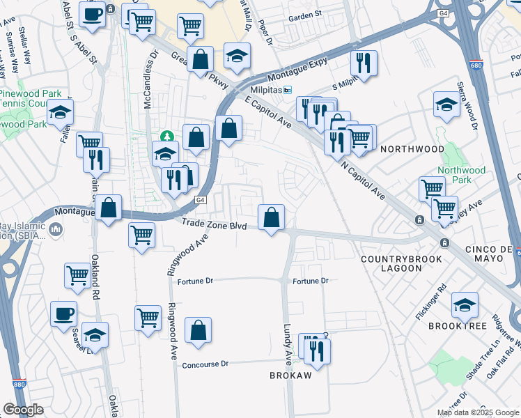 map of restaurants, bars, coffee shops, grocery stores, and more near 2023 Trento Loop in Milpitas
