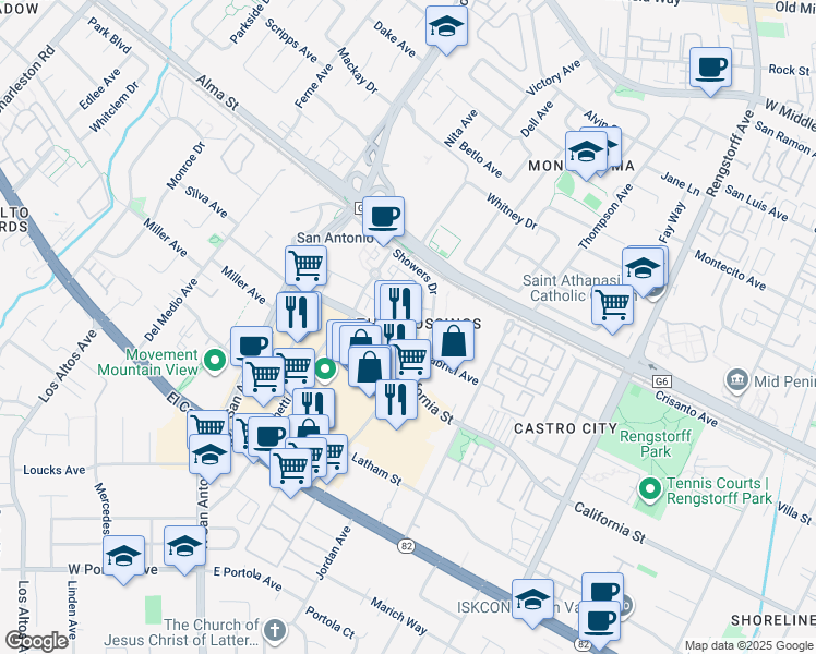 map of restaurants, bars, coffee shops, grocery stores, and more near 112 Concord Circle in Mountain View