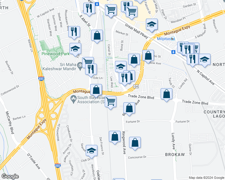 map of restaurants, bars, coffee shops, grocery stores, and more near 168 Currlin Circle in Milpitas