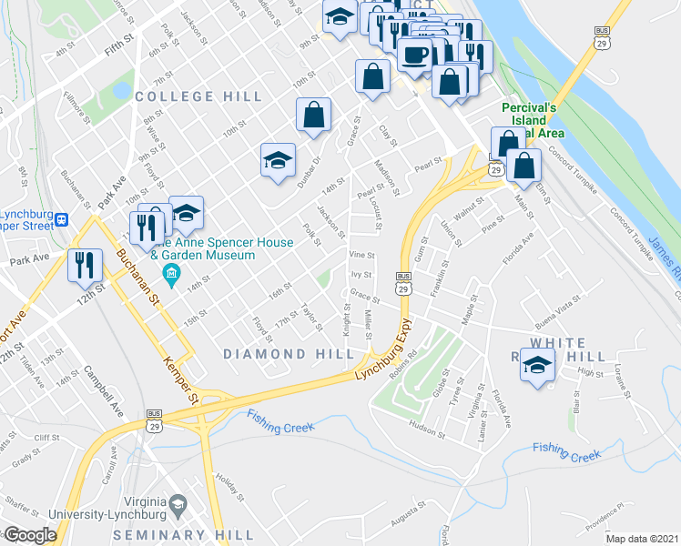 map of restaurants, bars, coffee shops, grocery stores, and more near 1707 Grace Street in Lynchburg
