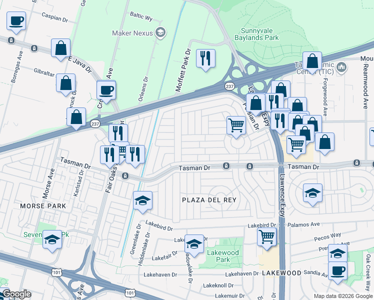 map of restaurants, bars, coffee shops, grocery stores, and more near 1085 Tasman Drive in Sunnyvale