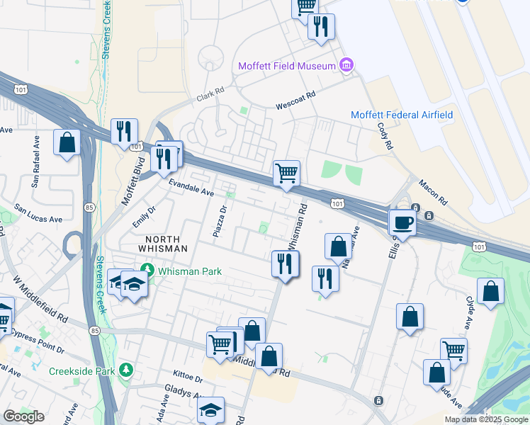 map of restaurants, bars, coffee shops, grocery stores, and more near 175 Evandale Avenue in Mountain View