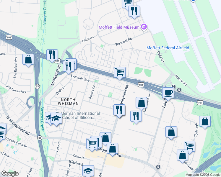map of restaurants, bars, coffee shops, grocery stores, and more near 175 Evandale Avenue in Mountain View