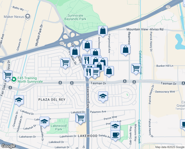 map of restaurants, bars, coffee shops, grocery stores, and more near 1201 Alderwood Avenue in Sunnyvale