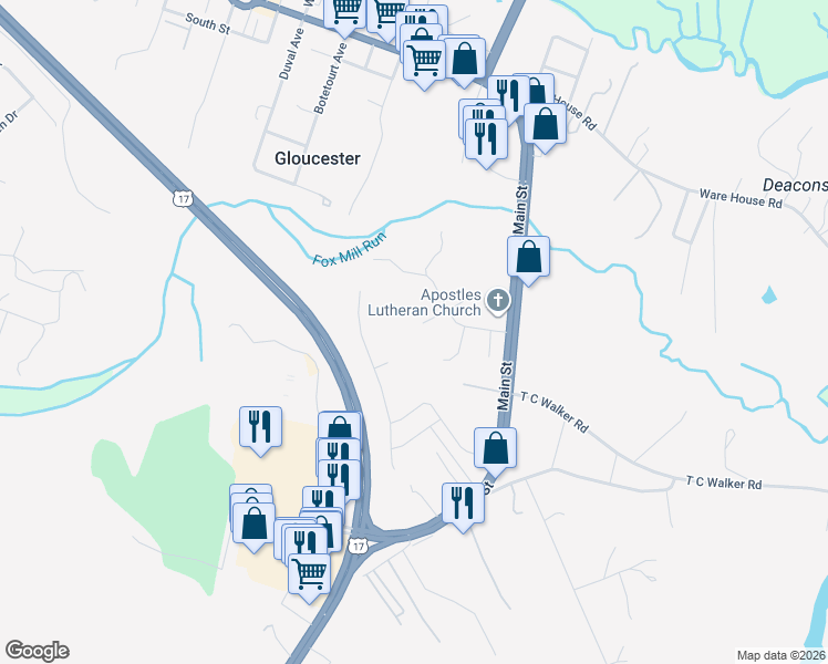 map of restaurants, bars, coffee shops, grocery stores, and more near 6712 Mill Lane in Gloucester