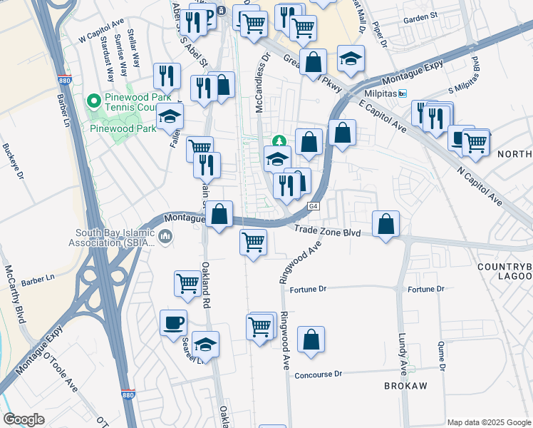 map of restaurants, bars, coffee shops, grocery stores, and more near in Milpitas