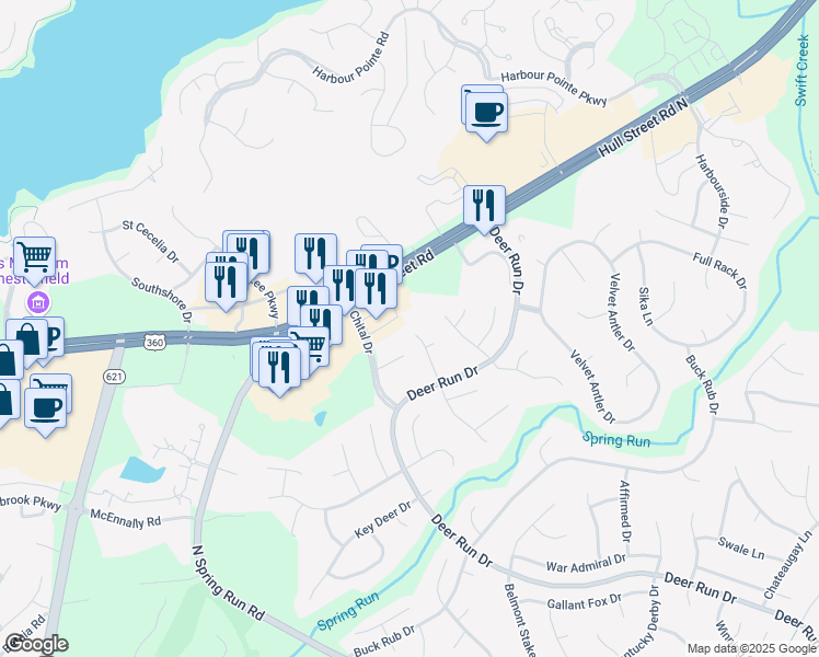 map of restaurants, bars, coffee shops, grocery stores, and more near 6900 Deer Thicket Drive in Midlothian