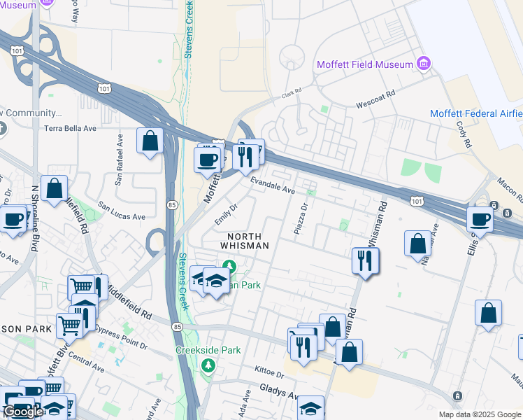 map of restaurants, bars, coffee shops, grocery stores, and more near 532 Tyrella Avenue in Mountain View