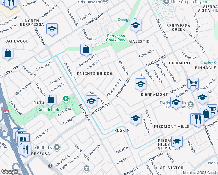 map of restaurants, bars, coffee shops, grocery stores, and more near 1614 Westhaven Drive in San Jose