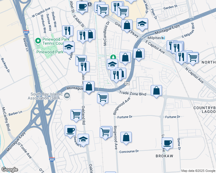 map of restaurants, bars, coffee shops, grocery stores, and more near in Milpitas