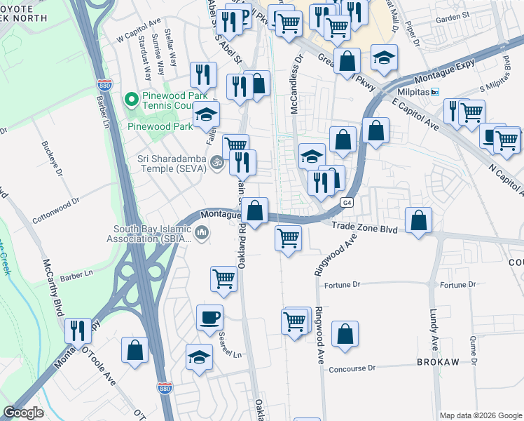 map of restaurants, bars, coffee shops, grocery stores, and more near in San Jose