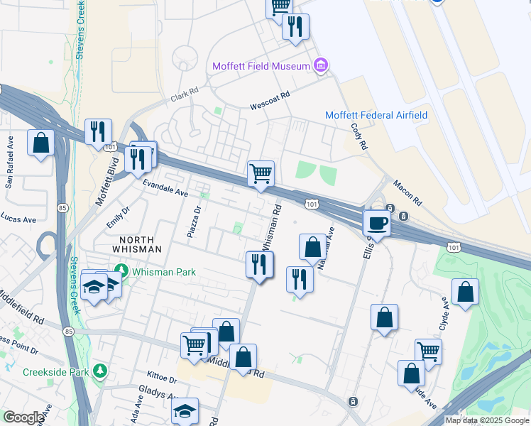 map of restaurants, bars, coffee shops, grocery stores, and more near 600 North Whisman Road in Mountain View