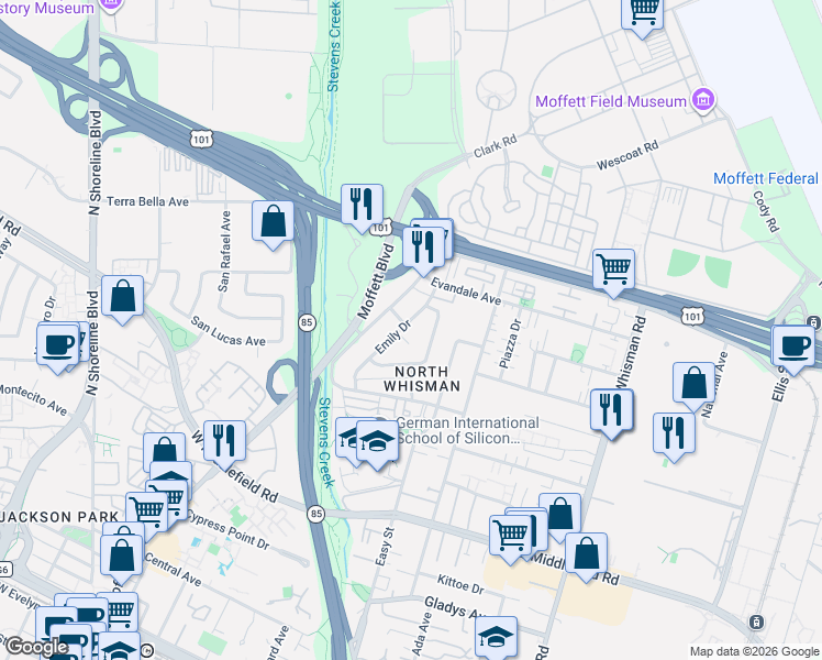 map of restaurants, bars, coffee shops, grocery stores, and more near 763 Roslyn Circle in Mountain View