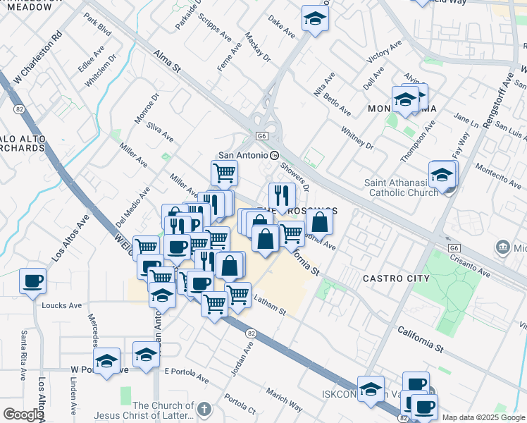 map of restaurants, bars, coffee shops, grocery stores, and more near 2550 West El Camino Real in Mountain View