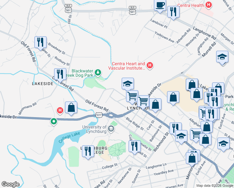 map of restaurants, bars, coffee shops, grocery stores, and more near 3100 Staunton Street in Lynchburg