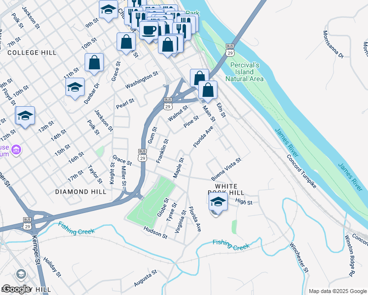 map of restaurants, bars, coffee shops, grocery stores, and more near 1823 Union Street in Lynchburg