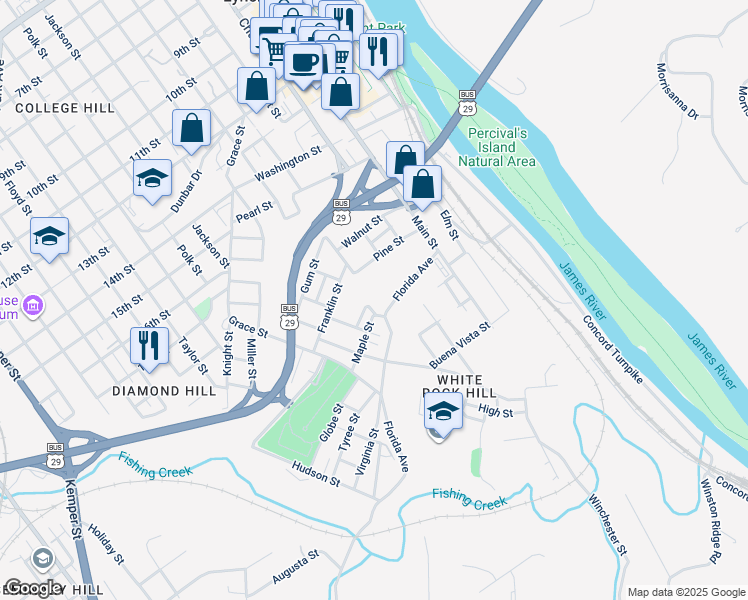 map of restaurants, bars, coffee shops, grocery stores, and more near 1823 Union Street in Lynchburg