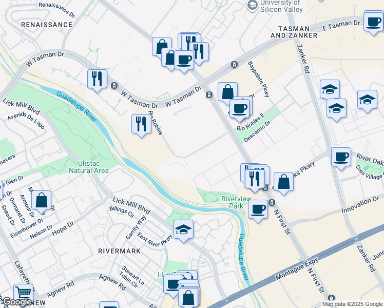 map of restaurants, bars, coffee shops, grocery stores, and more near 65 Rio Robles in San Jose