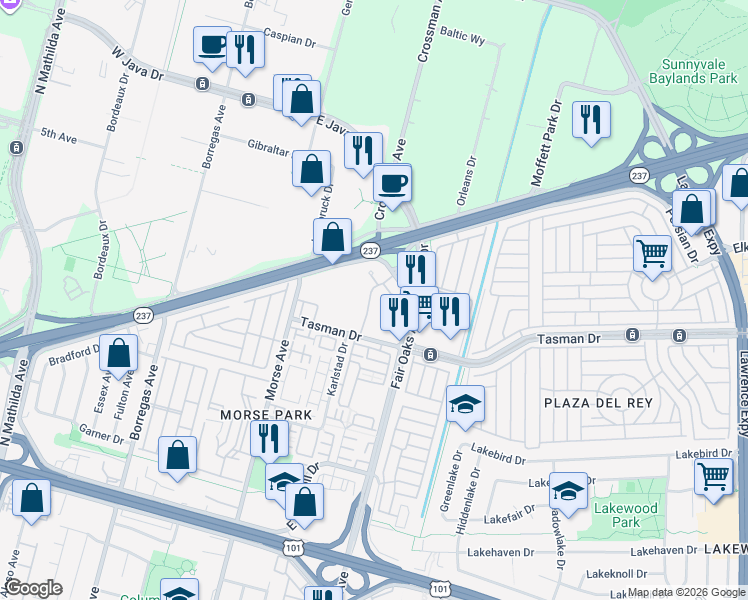 map of restaurants, bars, coffee shops, grocery stores, and more near 1168 La Rochelle Terrace in Sunnyvale