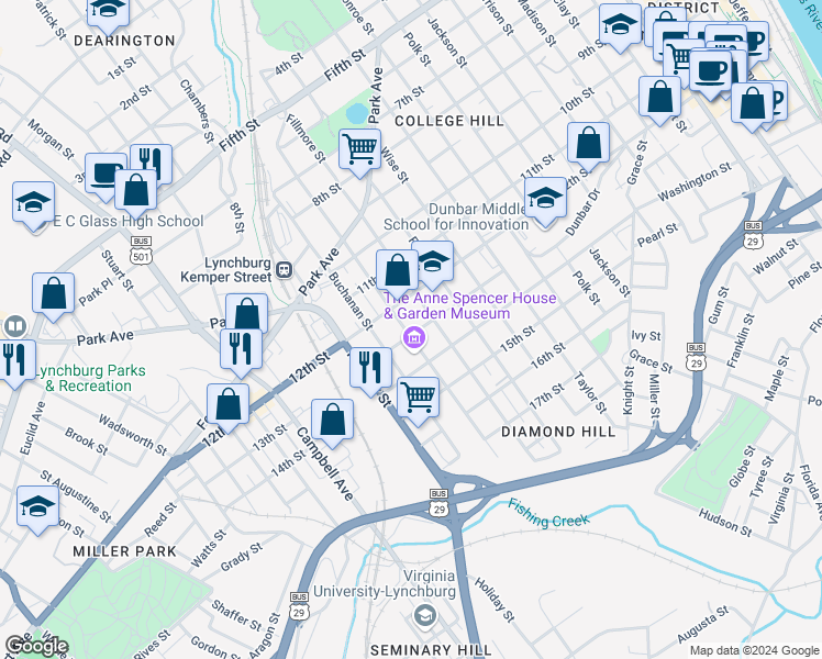 map of restaurants, bars, coffee shops, grocery stores, and more near 1519 13th Street in Lynchburg