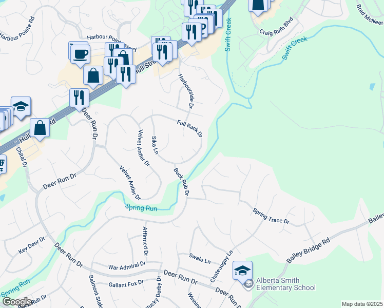 map of restaurants, bars, coffee shops, grocery stores, and more near 6904 Full Rack Court in Midlothian