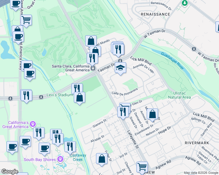 map of restaurants, bars, coffee shops, grocery stores, and more near 4912 Plaza Escuela in Santa Clara
