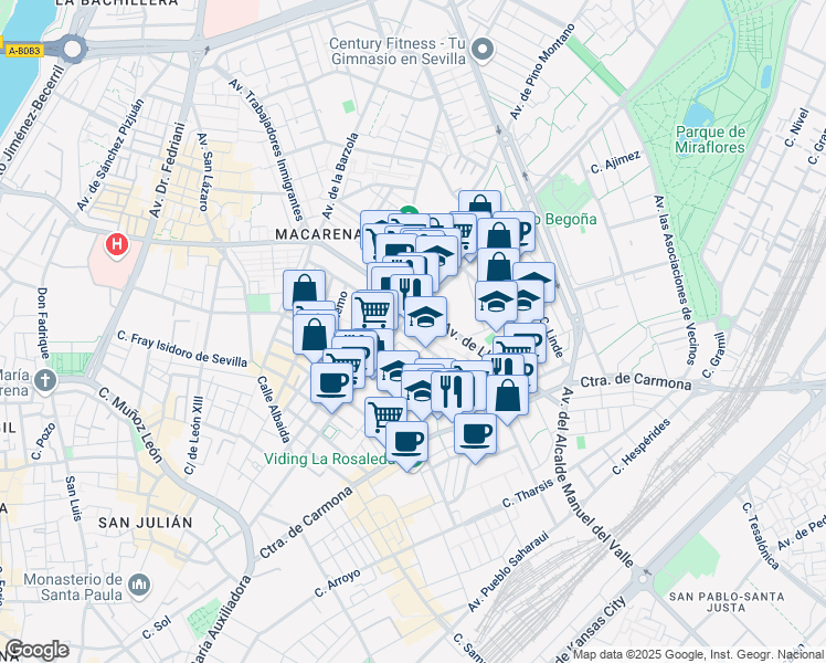 map of restaurants, bars, coffee shops, grocery stores, and more near Calle Santa María de Ordás in Sevilla