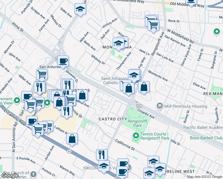map of restaurants, bars, coffee shops, grocery stores, and more near 2375 Adele Avenue in Mountain View