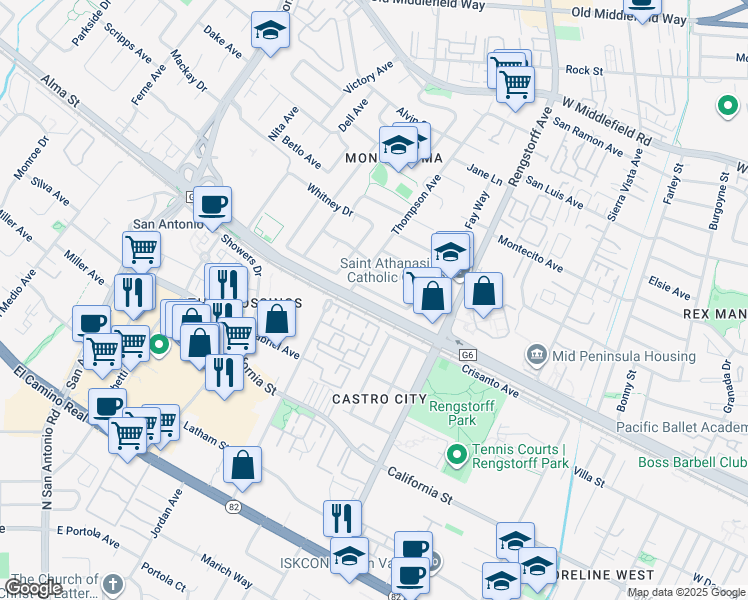 map of restaurants, bars, coffee shops, grocery stores, and more near 2375 Adele Avenue in Mountain View