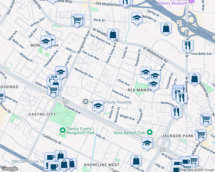 map of restaurants, bars, coffee shops, grocery stores, and more near 1901 Montecito Avenue in Mountain View