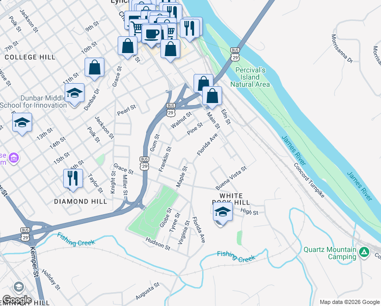 map of restaurants, bars, coffee shops, grocery stores, and more near 1922-1998 Union Street in Lynchburg