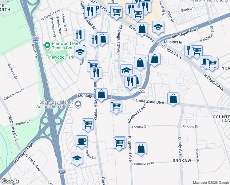 map of restaurants, bars, coffee shops, grocery stores, and more near 2037 Lee Way in Milpitas