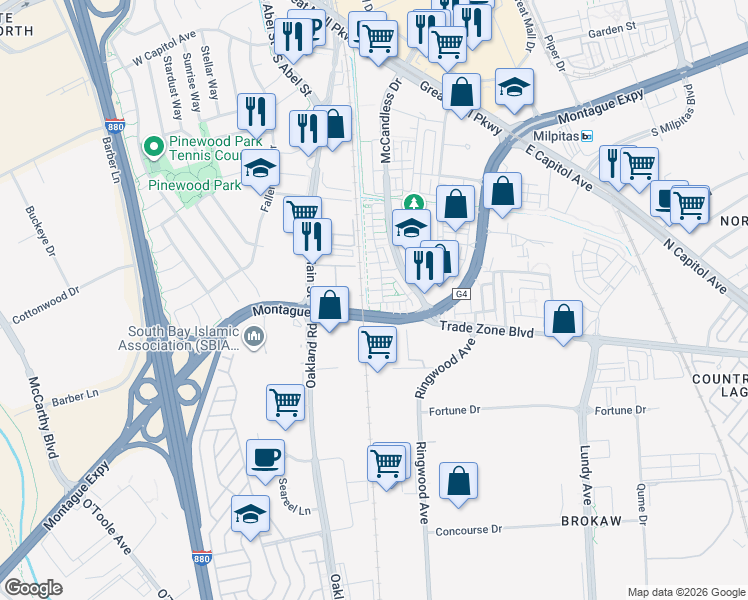 map of restaurants, bars, coffee shops, grocery stores, and more near 2037 Lee Way in Milpitas