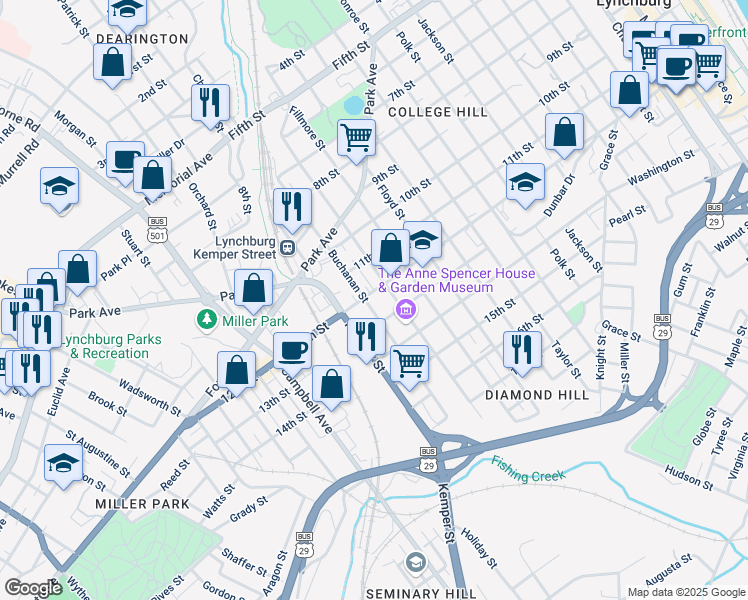 map of restaurants, bars, coffee shops, grocery stores, and more near 1704 12th Street in Lynchburg