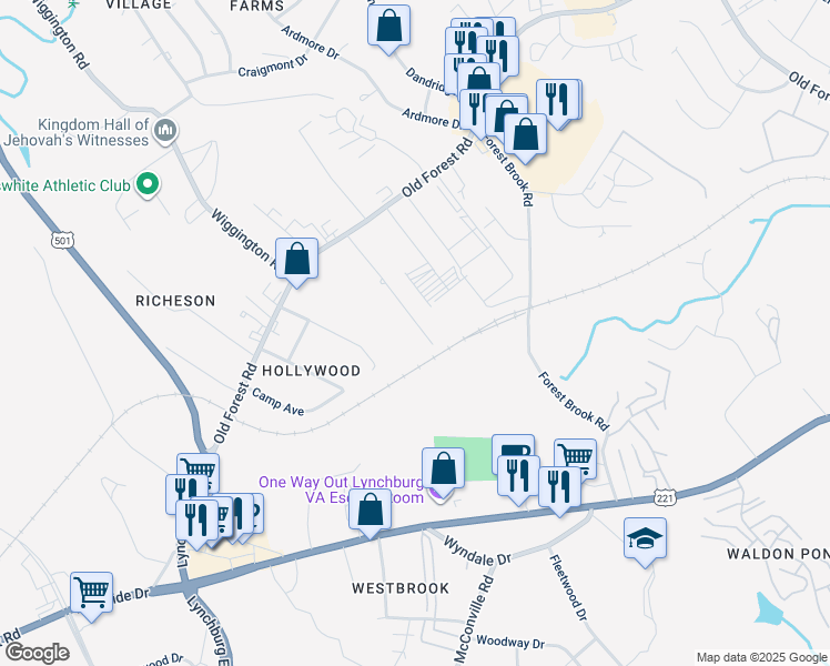 map of restaurants, bars, coffee shops, grocery stores, and more near 129 Primrose Lane in Lynchburg