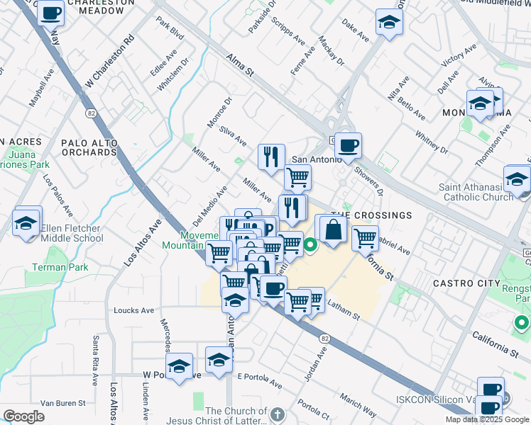map of restaurants, bars, coffee shops, grocery stores, and more near 450 San Antonio Road in Mountain View