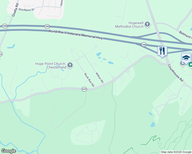 map of restaurants, bars, coffee shops, grocery stores, and more near 6621 Rock Run Road in Chesterfield