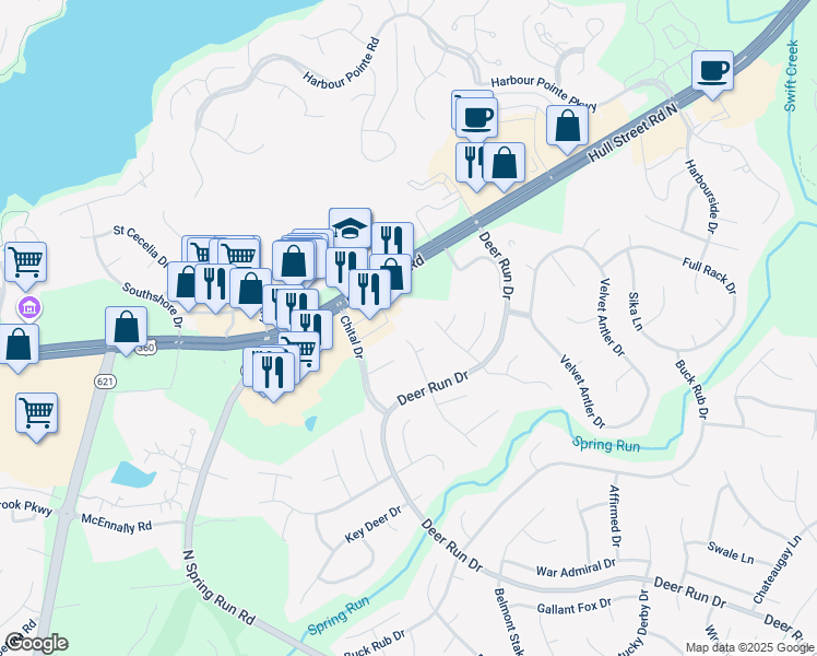 map of restaurants, bars, coffee shops, grocery stores, and more near 6901 Deer Thicket Drive in Midlothian