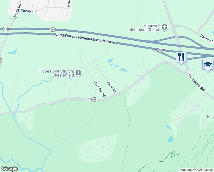 map of restaurants, bars, coffee shops, grocery stores, and more near 6620 Wilton Road in Chesterfield