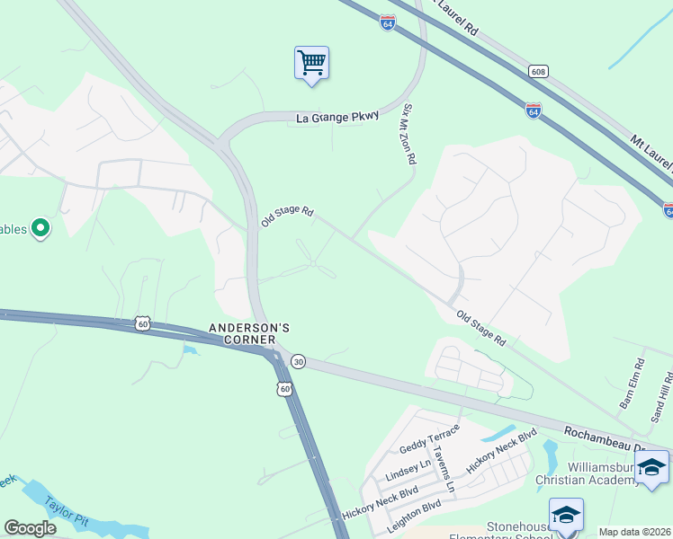 map of restaurants, bars, coffee shops, grocery stores, and more near 3291 Old Stage Road in Toano