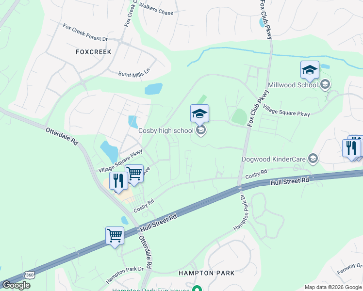 map of restaurants, bars, coffee shops, grocery stores, and more near 6937 Leire Lane in Chesterfield